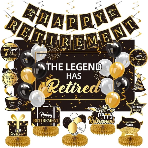 13pcs Retirement Party Decorations Set, Black and Gold Happy Retirement Banner, Backdrop, Hanging Swirls and Honeycomb Centerpieces for Men Women
