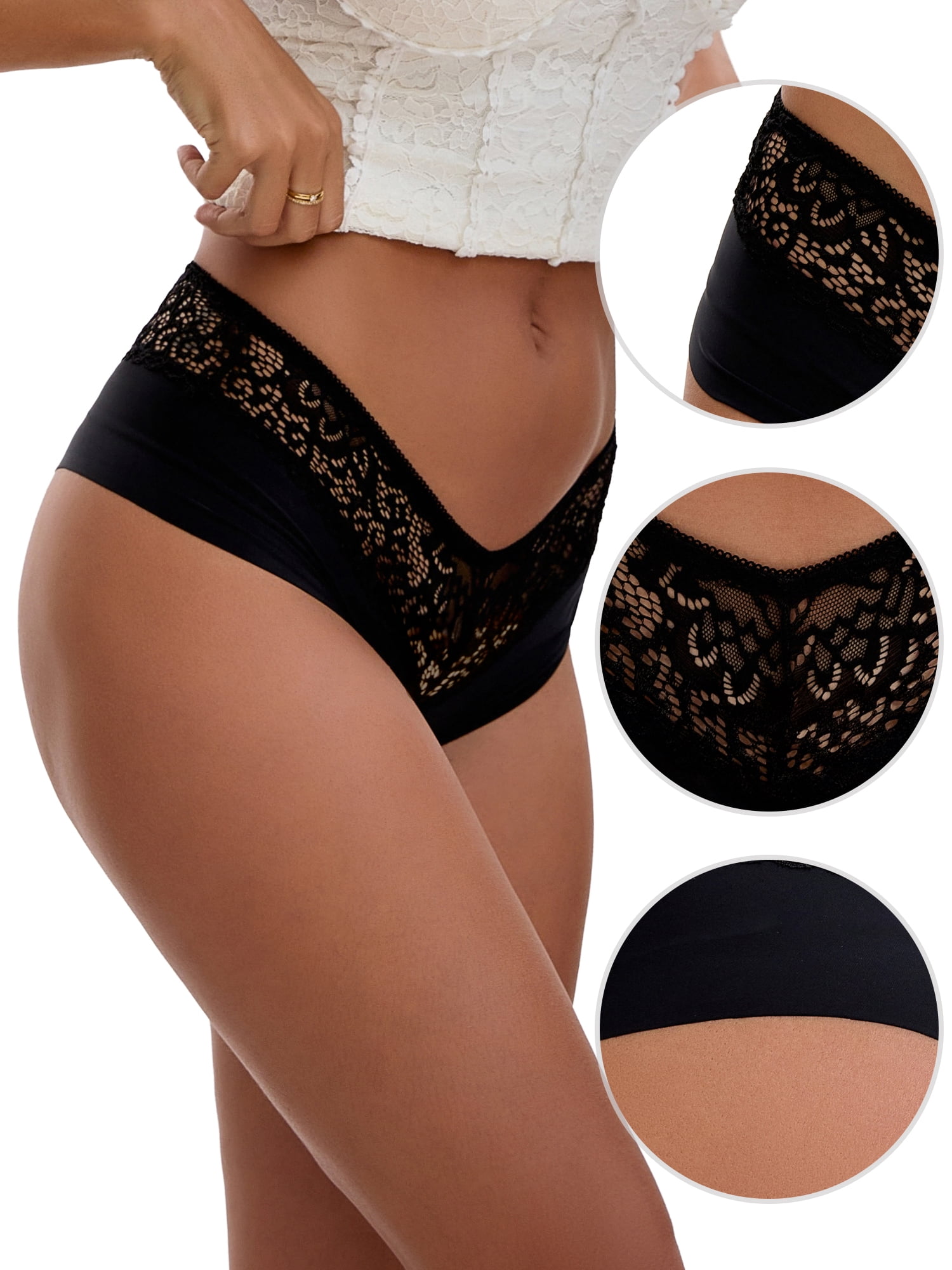 Unique Bargains Women's Lace Ice Silk Mid Rise Comfort Underpants M Black