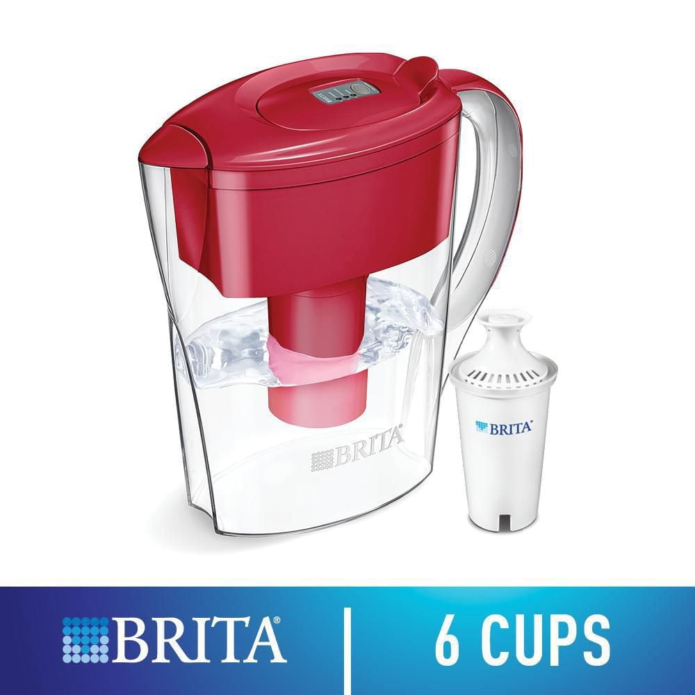 Brita® Small 6 Cup Water Filter Pitcher with 1 Standard Filter, BPA Free, Space Saver, Red, Enjoy healthier tap water