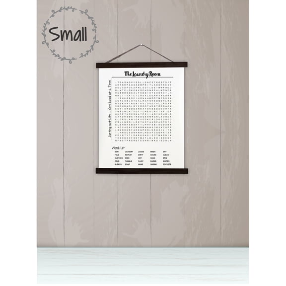 Black Wood, Canvas Sign, Laundry Room Decor Word Search Puzzle Art Print, Lightweight Ready to Hang Wall Hanging, 12x14.5-Inch