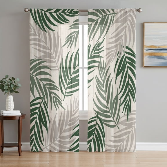 Green Grey Palm Leaves Sheer Curtains 84 Inch Length 2 Panels Set, Tropical Summer Beach Voile Window Treatment Rod Pocket Curtains Sheers Drapes for Bedroom/Living Room/Kitchen 52"x84"x2