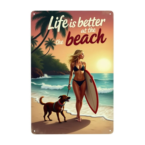 Vintage Metal Tin Signs Life Is Better At The Beach With Dog Funny Aluminum Sign Retro Beach Wall Decor For Summer Living Room Garden Yard Shop 8×12 In Birthday Gifts Men