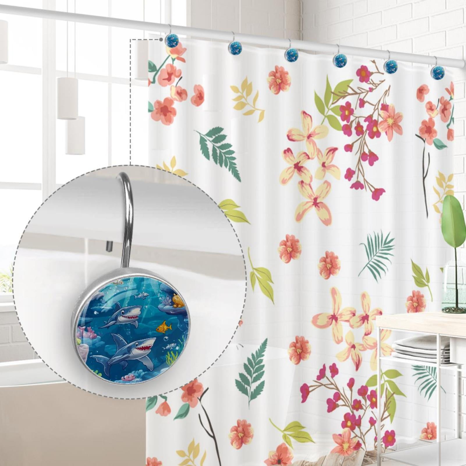 under Sea Sharks Fishes Shower Curtain Hooks Round Crystal Glass, Set of 12 Shower Curtain Rings - Shower Hooks for Curtain Shower Rings