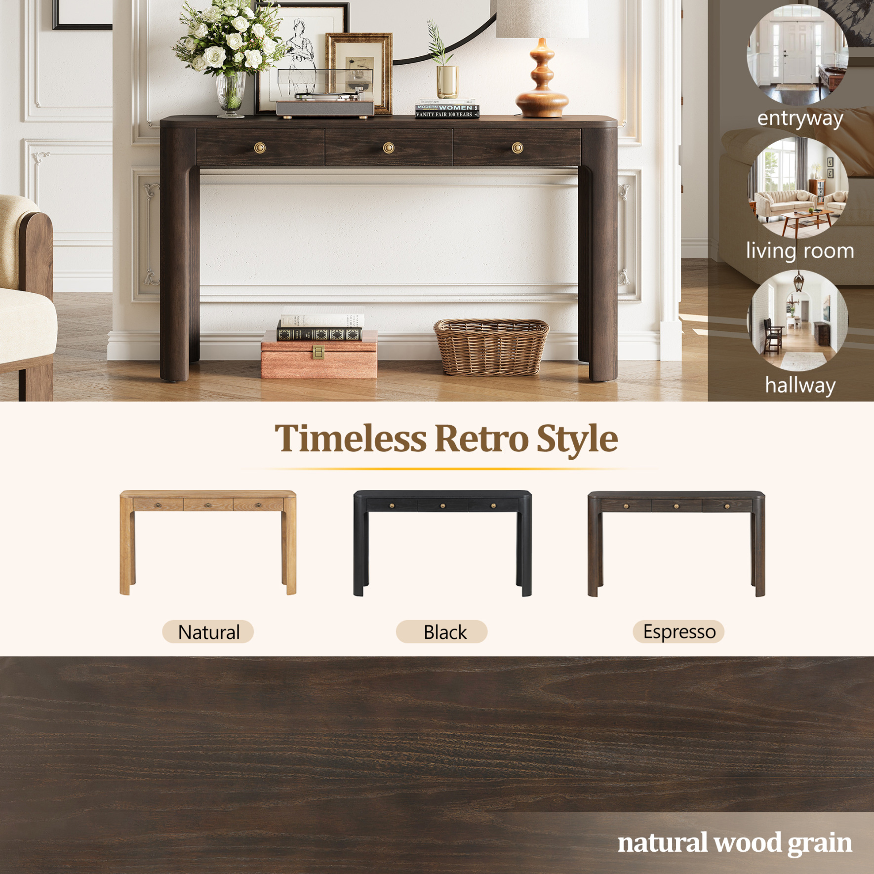 52'' Rustic Curved Console Table, Entryway Table with 3 Concealed Drawers, Sturdy Sofa Table with Thick Legs for Hallway & Living Room, Espresso