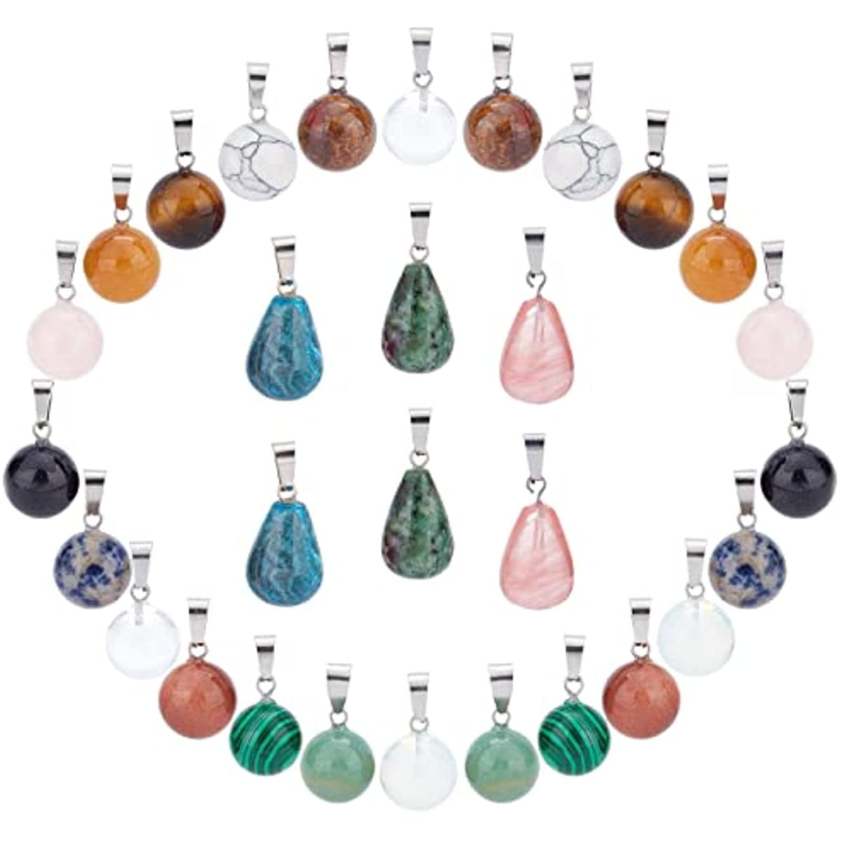 1 Box 30Pcs 15 Styles Chakra Round Stone Pendants Teardrop Semi