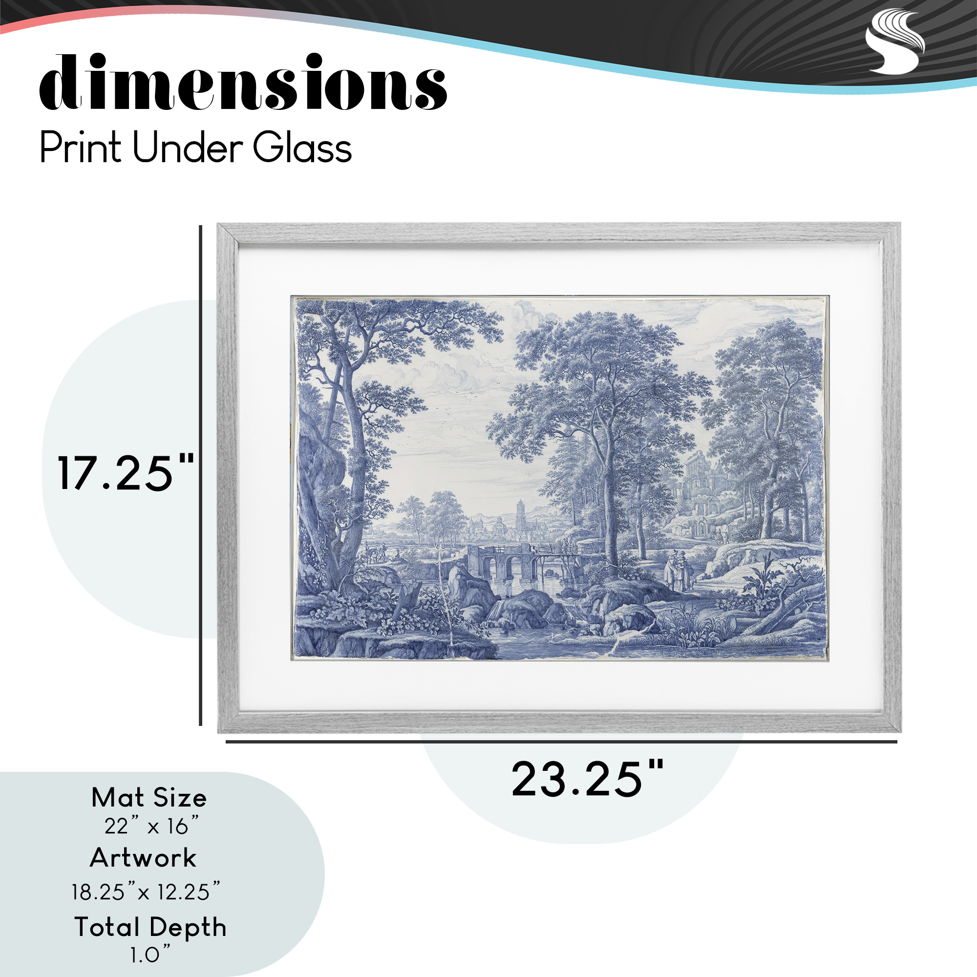 Vintage Blue Tinted Toile Gray Framed Print Under Glass, design by Vintage Hustle
