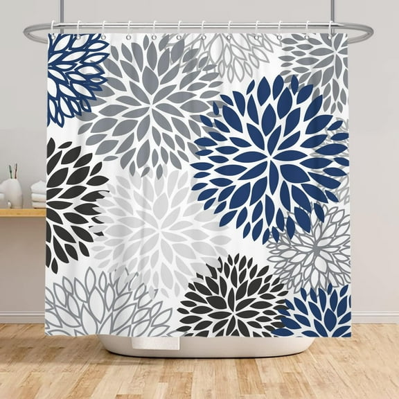 72x84 Inch Dahlia Flower Shower Curtain Blue Grey Pinnata Turquoise Floral Shower Curtain Set for Bathroom Decor Farmhouse Bath Curtain Polyester Fabric Waterproof Set with Hooks