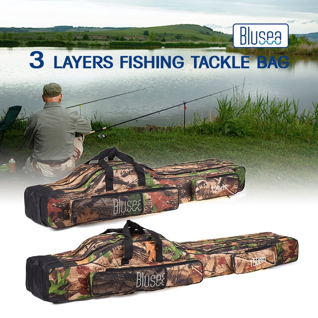 Blusea 150cm Tree Camo 3-Tier Collapsible Fishing Gear Bag with 3 Main Compartments, 2 Front Pockets & Mesh Pocket - Roomy 600D Fabric Tackle Storage for Rods, Reels & Accessories (2.7lb)