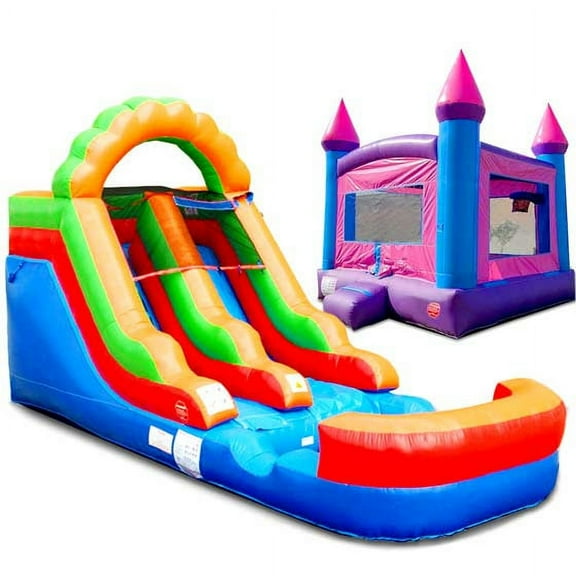 Pogo Bounce House Crossover Duo, Pink Kids Bounce House and Rainbow Inflatable Water Slide