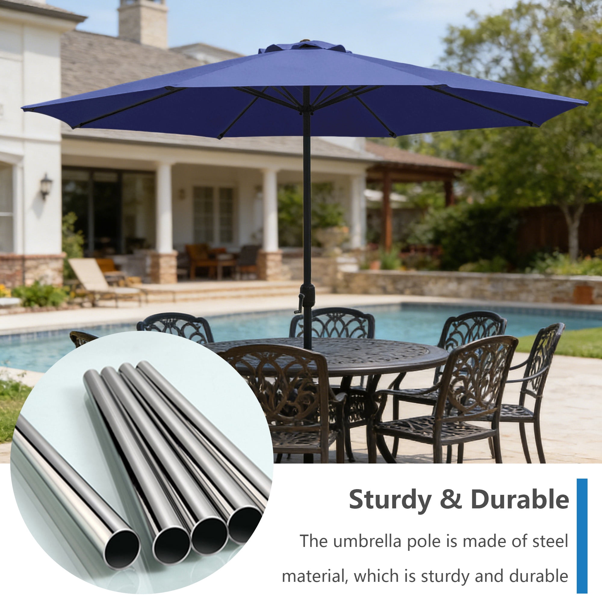 Abble 11FT Outdoor Patio Umbrella with Crank Handle, Market Umbrella with 8 Sturdy Umbrella Ribs, Waterproof for Garden Deck Backyard Pool,   Navy Blue