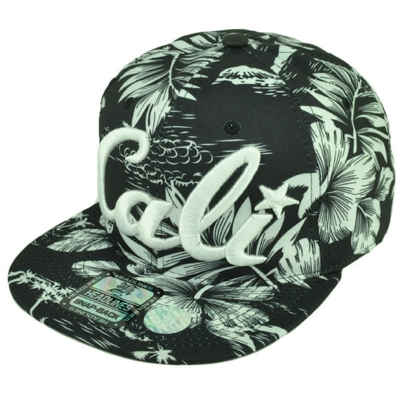 Cali California All Over Hawaiian Floral Hat Cap Snapback Black White Palms