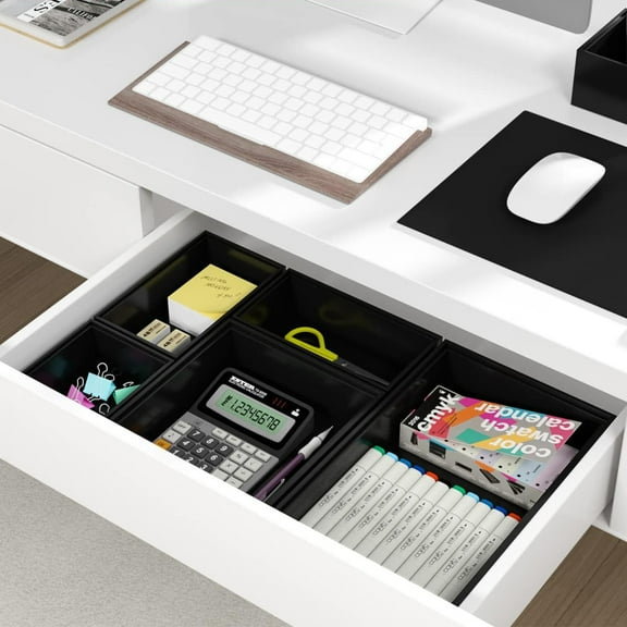 5 Piece Drawer Organizer Boxes with Adjustable Wood 2 Drawer Dividers，Multi-Use Storage Bins Dividers，Kitchen Utensil Holder, Box Tray for Bathroom, Vanity, Makeup, Junk Drawer & Office Desk,Bamboo