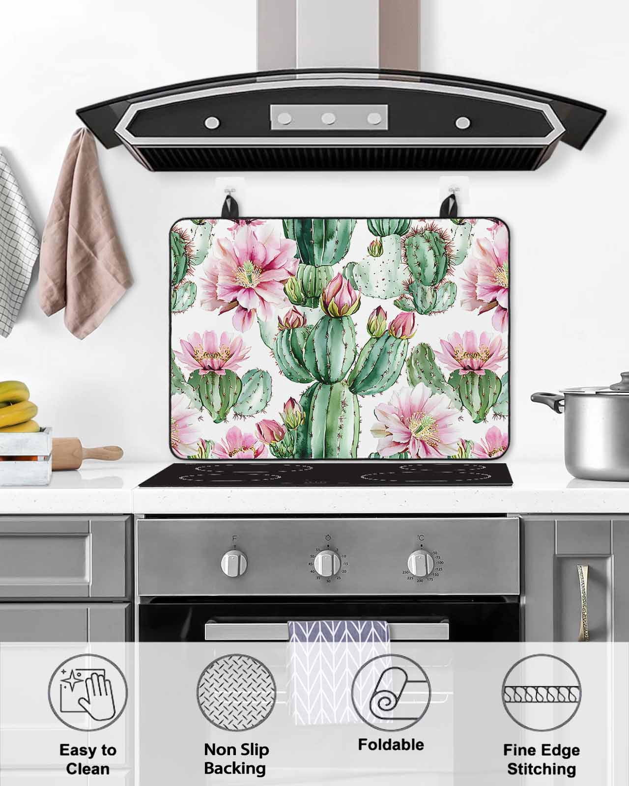 nqOlkjepod Large Induction Cooktop Protector Mat 24"x21", Tropical Succulent Stove Top Covers for Electric Stove, Botanical Plants Pink Floral Stove Burner Cover Mats, Glass Top Stove Cover