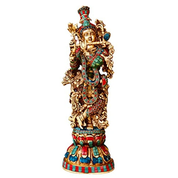 QT S Krishna Statue Brass Stone Finish Handmade Krishna Statues 21 Inch Brass Kishan Krishna Murti Idol Statue Sculpture Krishna God Known as Compassion Tenderness Love Made in Nepal