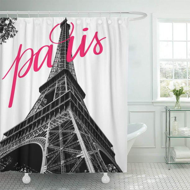 Cynlon Pink Lettered Paris Eiffel Tower, Pink Black And White Shower Curtain Ideas
