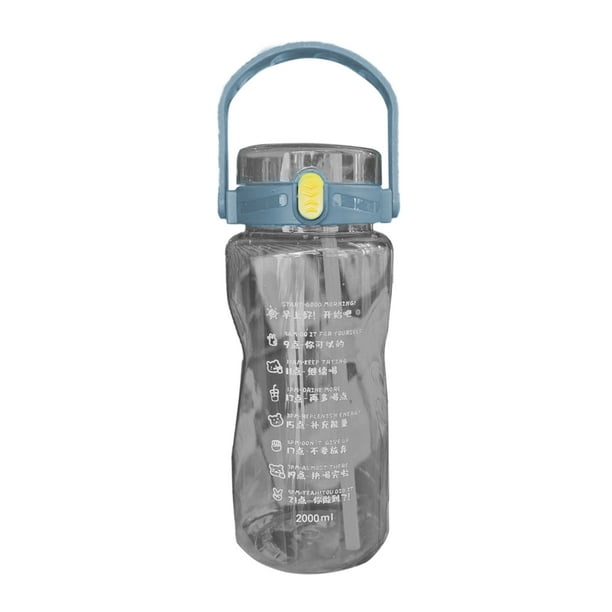 Botella de agua deportiva de plástico para exteriores, gran capacidad, con pajitas dobles y marcador de tiempo, color gris, 2000 ml