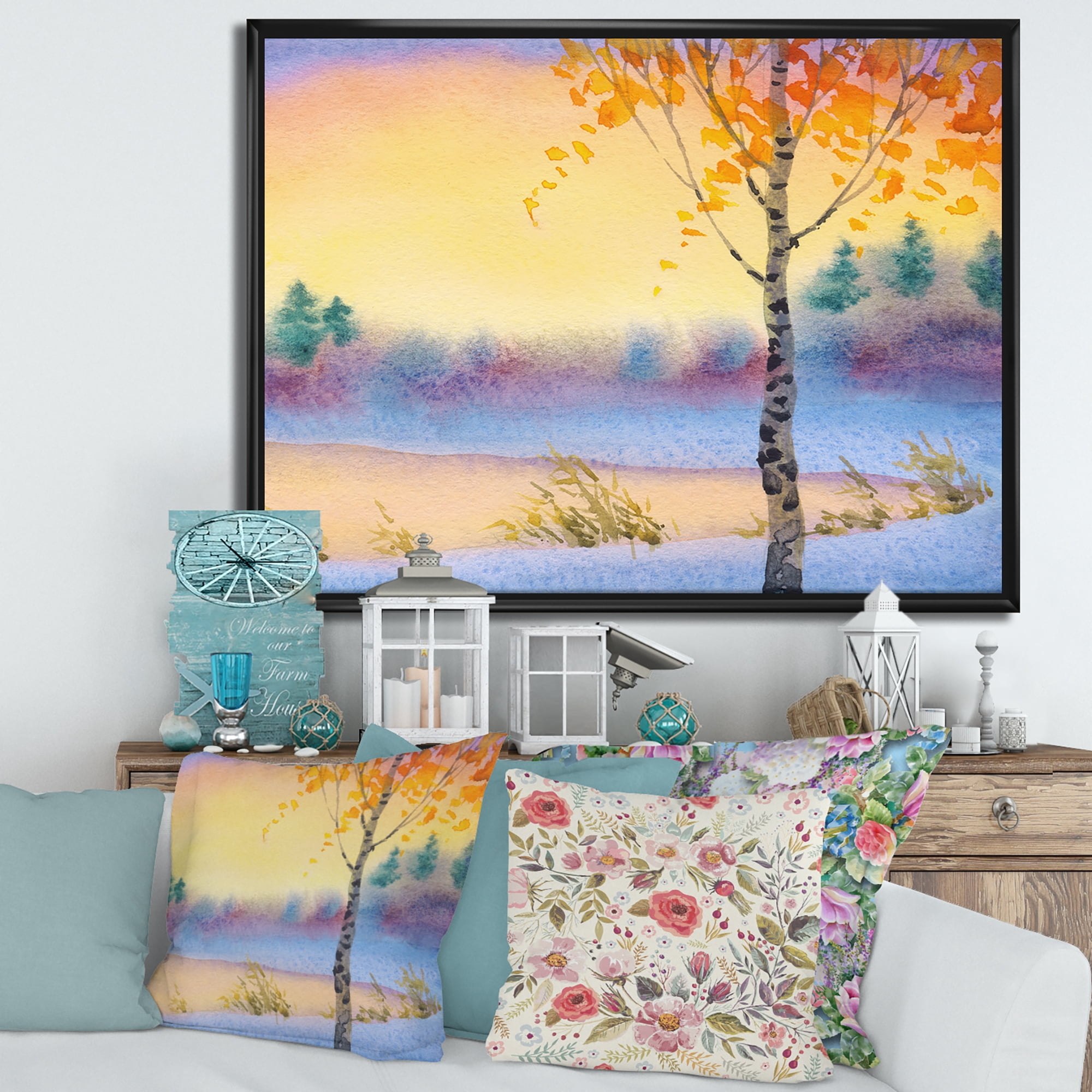 Evening Sky Over Lake Winter Landscape 40 in x 30 in Framed Painting Canvas Art Print, by Designart
