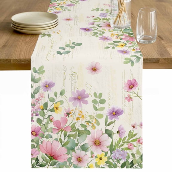 Pink Purple Flower Table Runner - 90 Inch Long Spring Vintage Country Floral Leaf Plant Cotton and Linen Blended Dress Scarves Farmhouse Table Runner for Kitchen Dining, Coffee Table, 13" x 90"