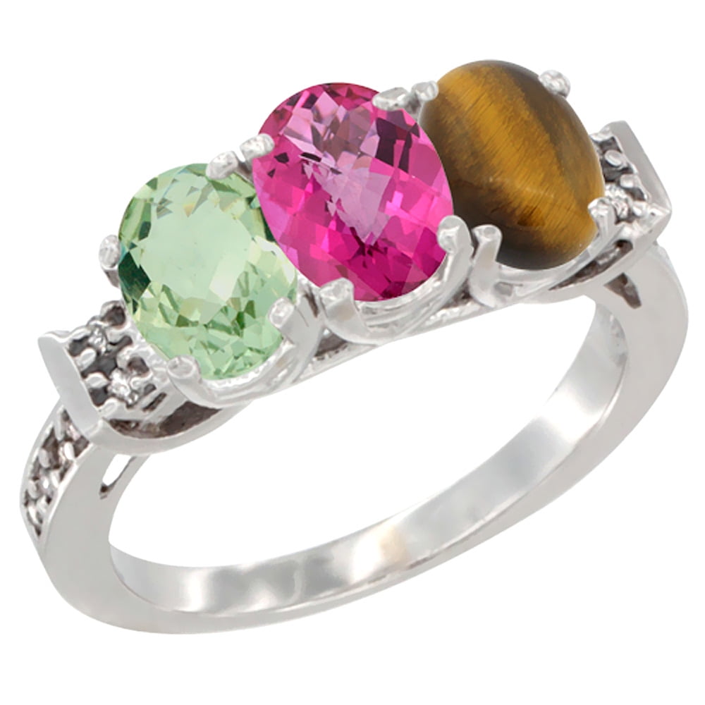 10K White Gold Natural Green Amethyst, Pink Topaz & Tiger Eye Ring 3-Stone Oval 7x5 mm Diamond Accent, sizes 5 10 by WorldJewels