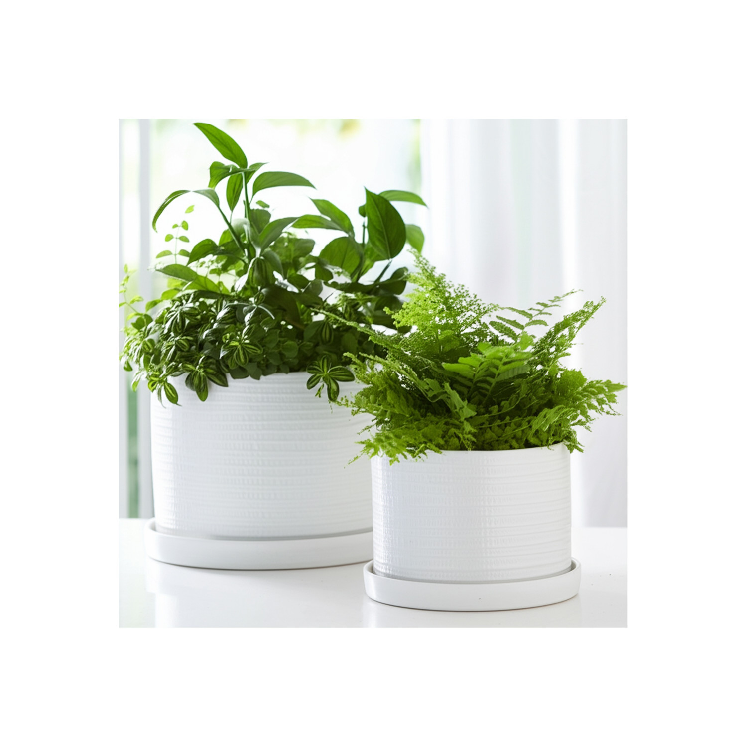 Ribbed Accent Garden Saucer Planters for Home Decor - Ceramic Indoor and Outdoor Flower Pots with Textured Design - Garden Display with Drainage for Home and Patio Styling - Set of 2, 10", 9", White