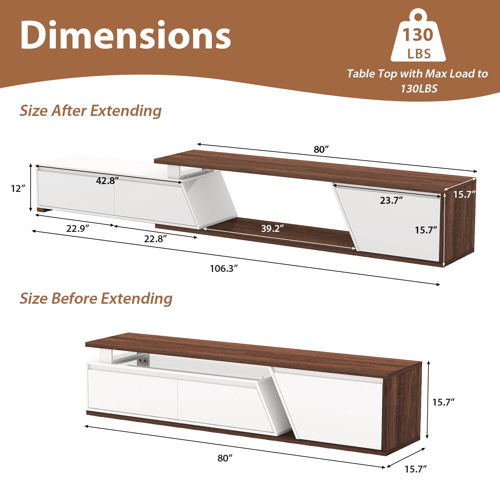 JOIVI Extendable LED TV Stand, Modern Entertainment Center with 2 Drawers, Sliding Tabletop Media Console with Storage Cabinet for Living Room, 71.0" - 106.3", White