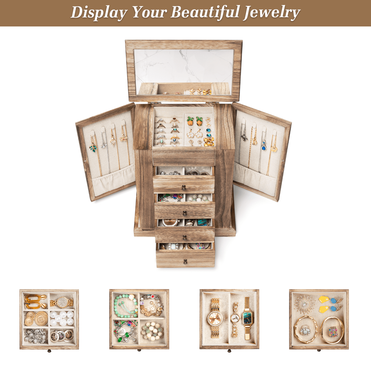 Jewelry Box for Women, 5 Layer Large Wood Boxes & Organizers for Necklaces Earrings Rings Bracelets, Rustic Organizer with Drawers and Mirror