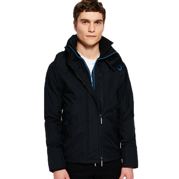 Superdry Mens Technical Pop Zip Hooded Windcheater Jacket (Black/Blue,M)