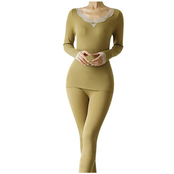 Maean Womens Thermal Underwear Sets V Neck Base Layer Pajama Top and Leggings Set for Cold Weather