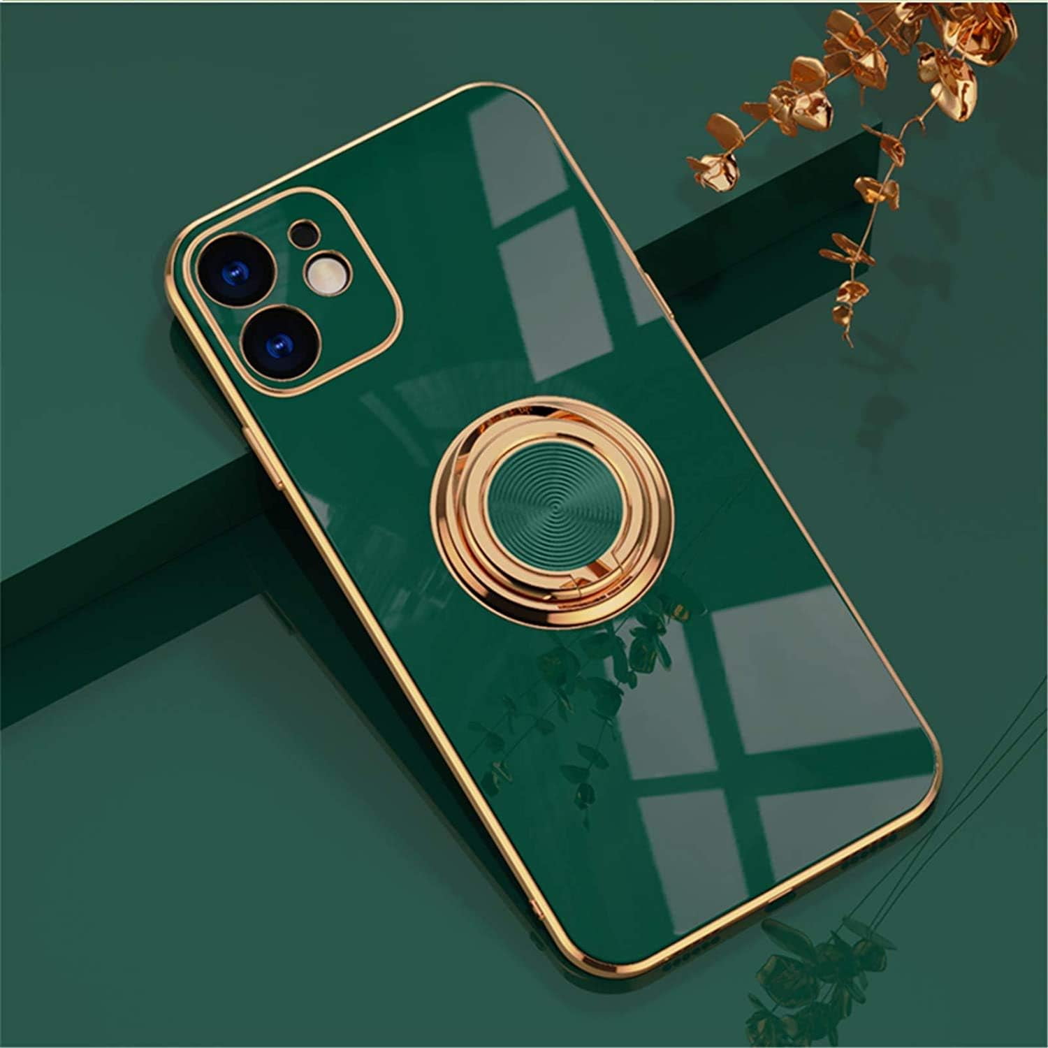 Electroplated Magnetic Ring Holder Case, 360 Degree with Rotation Metal Finger Ring Holder Magnet Car Holder Soft Silicone Shockproof Cover for iPhone 12 6.1 inch - Drak Green