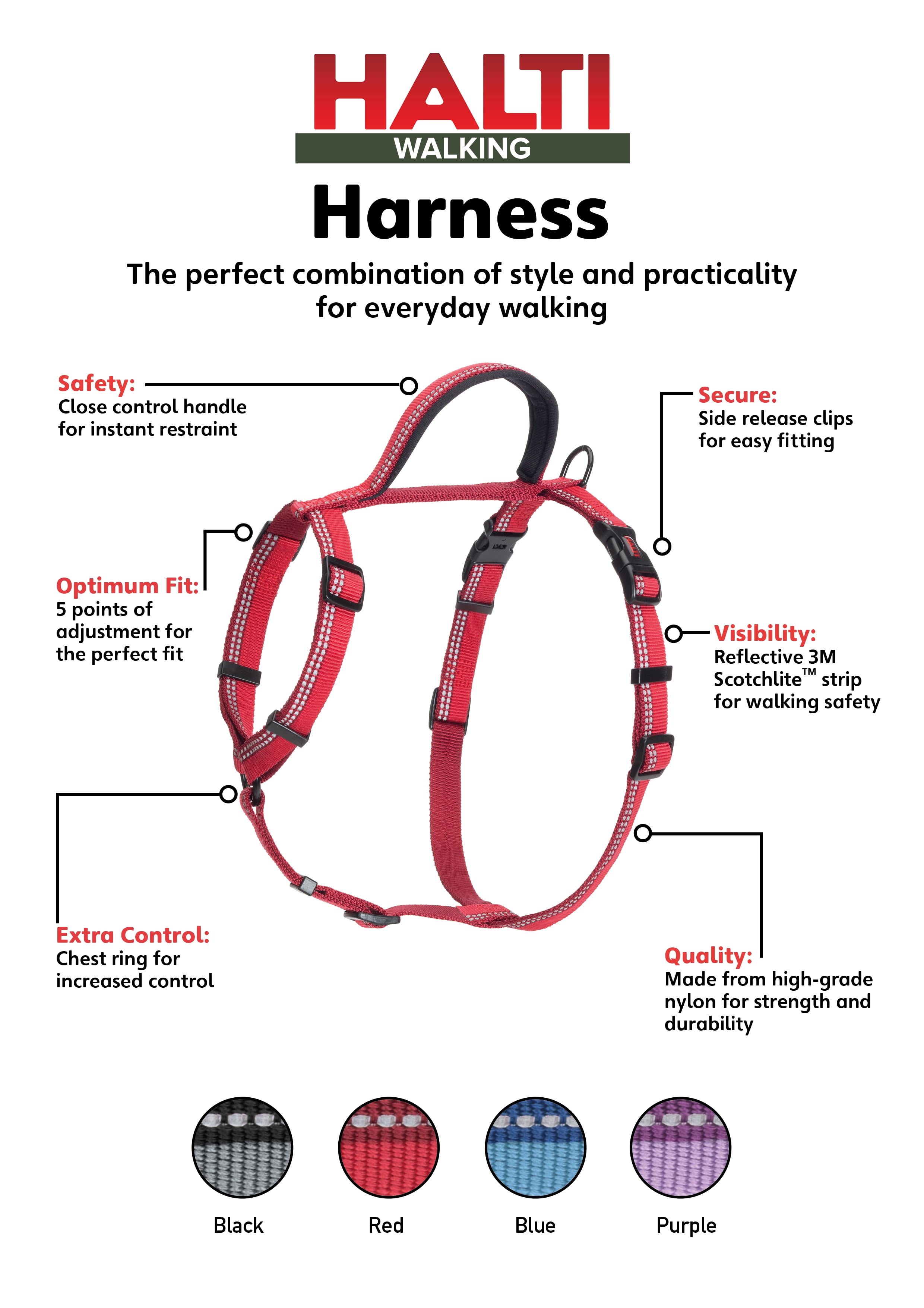HALTI Nylon Dog Walking Harness, Large, Red (Chest 26" - 30")