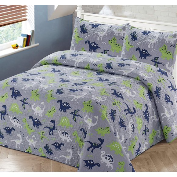 Couvre-lit Courtepointe Ensemble pour Enfants Dinosaures Multicolores Bleu Blanc Vert Gris (Double/Grand)