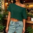 thumbnail image 4 of Womens Off The Shoulder Tops Short Sleeve Solid Crop Tops Casual Loose Summer T Shirt, S, 4 of 5