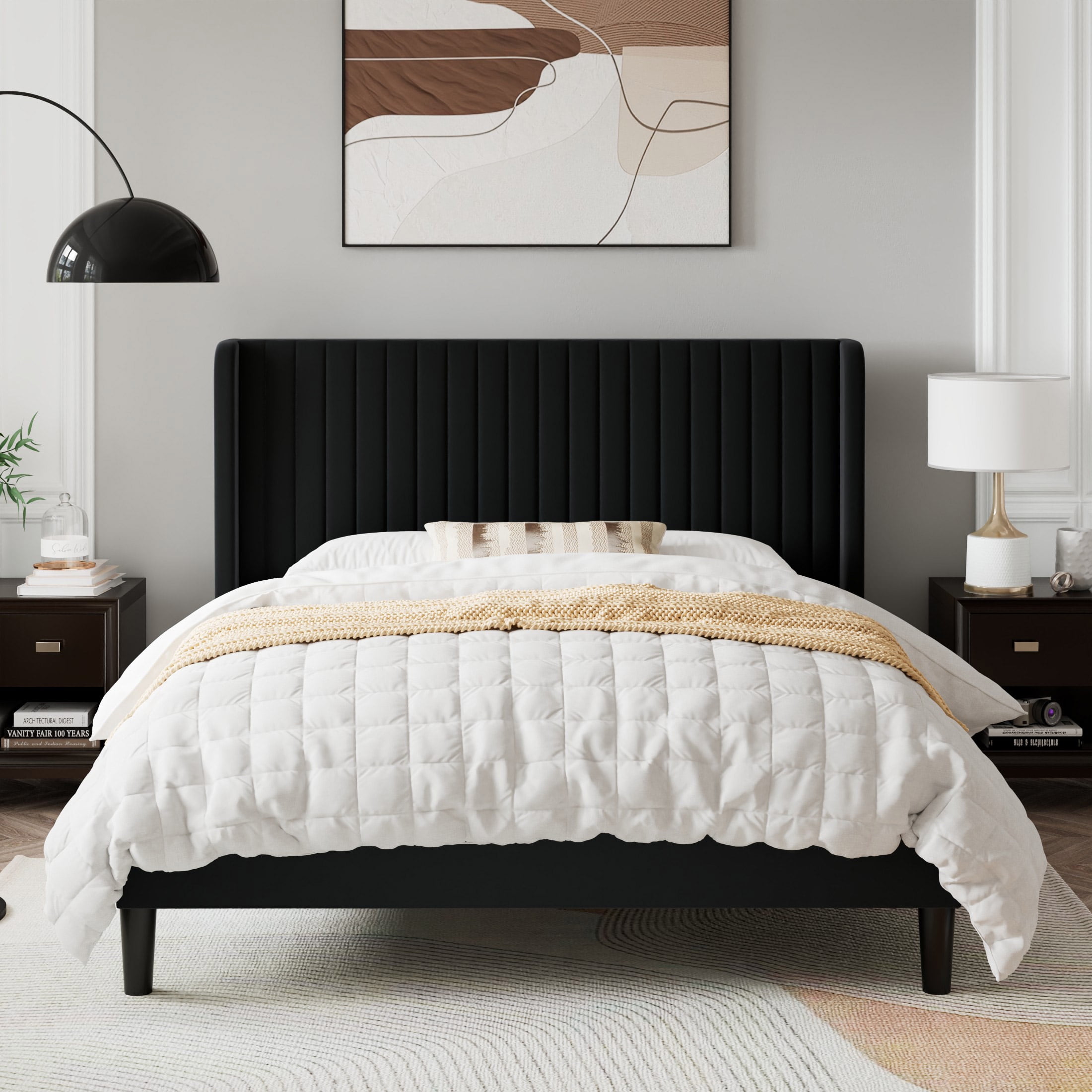 Sifurni Queen Size Velvet Platform Bed Frame with Vertical Channel Tufted Wingback Headboard, Black
