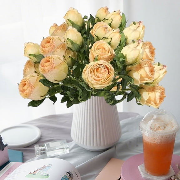 6PCS Blue Artificial Rose Bouquet, Realistic Fake Flowers for Wedding Decor, Home Office Party Arrangements, and Photo Props (14.57 inch) Yellow