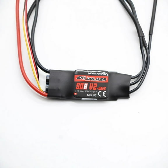 Hobbywing Skywalker 50A V2 Brushless ESC – 3–4S LiPo Compatible, 50A Continuous 65A Burst, 5V/5A UBEC, Programmable Timing & Protections for RC Airplanes, Helicopters & EDF Jets