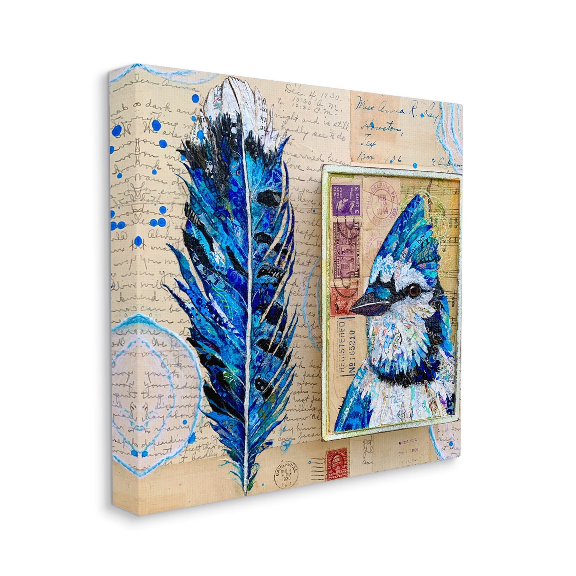 Stupell Industries Blue Jay Collaged Ephemera Feather Bird Painting Painting Gallery Wrapped Canvas Print Wall Art, Design by Lisa Morales