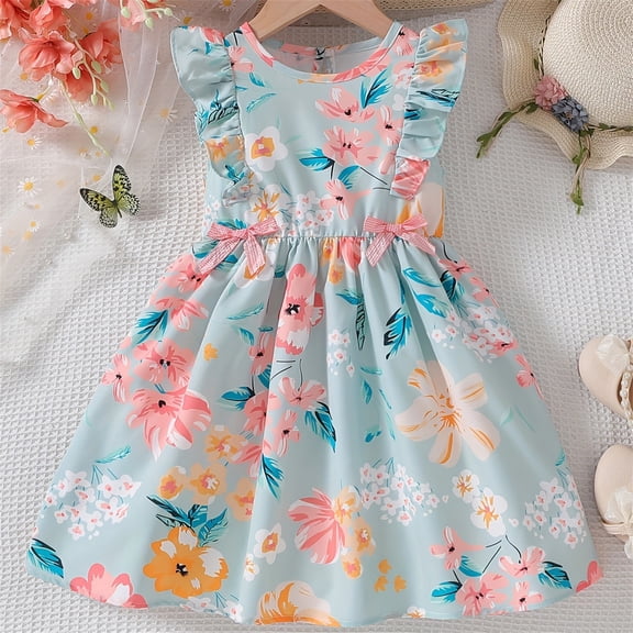 ZHOGXU Kids Girls Summer Dress Flying Sleeve Round Neck Floral Print Comfortable Fashiona Lightweight Dresses For Casual Daily Wear,Light Blue,3-4 Years