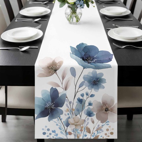 Spring Floral Table Runner, Watercolor Gradient Color Flowers Romantic Washable Cotton-linen Table Runners Dining Kitchen Decoration for Everyday Home Wedding Party Decor, 13 x 120 Inch