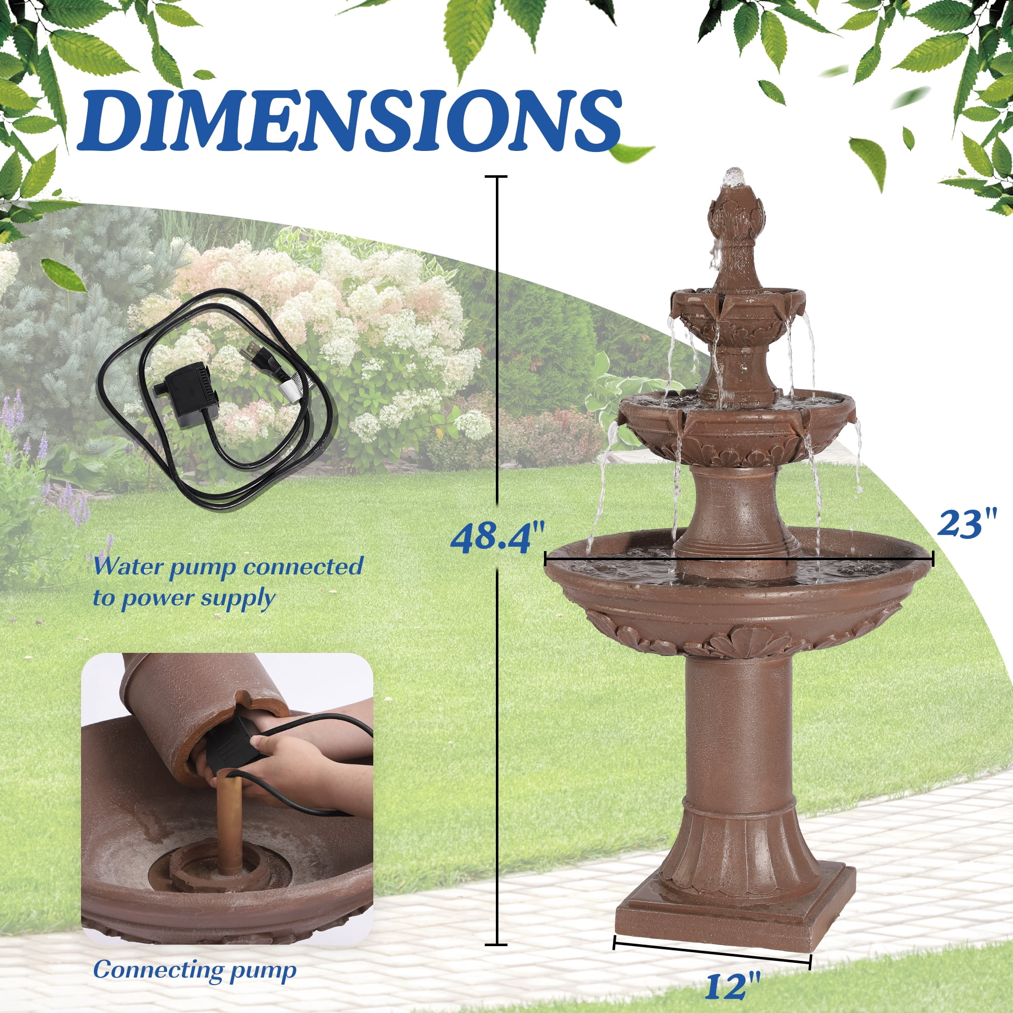 MAGIC UNION Outdoor Garden Water Fountains, 48.4" H Italian Style Fountains and Waterfalls Outside, 3-Tier Large Bubbler Cascading Indoor Floor Water Fountain Features with Pump for Home Yard Decor