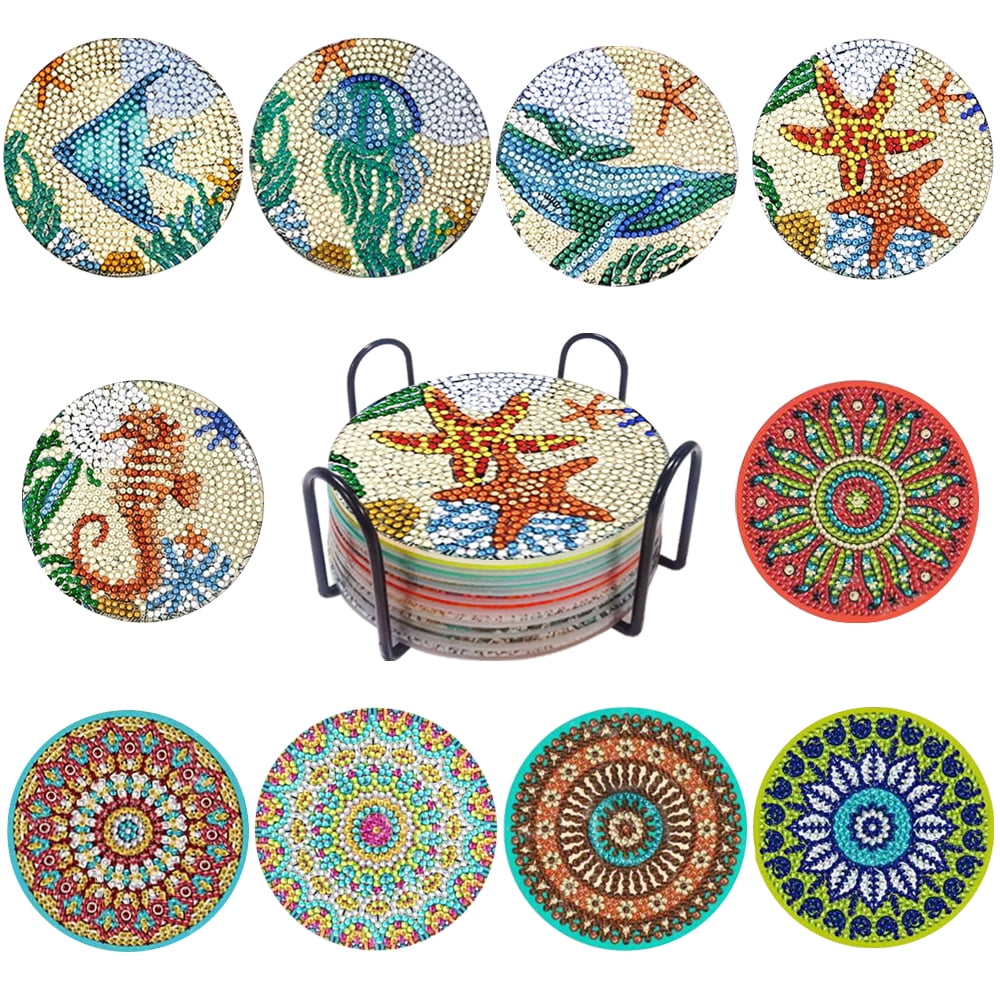 10 PCS Diamond Art Painting Coasters with Holder, FineGood Diamond