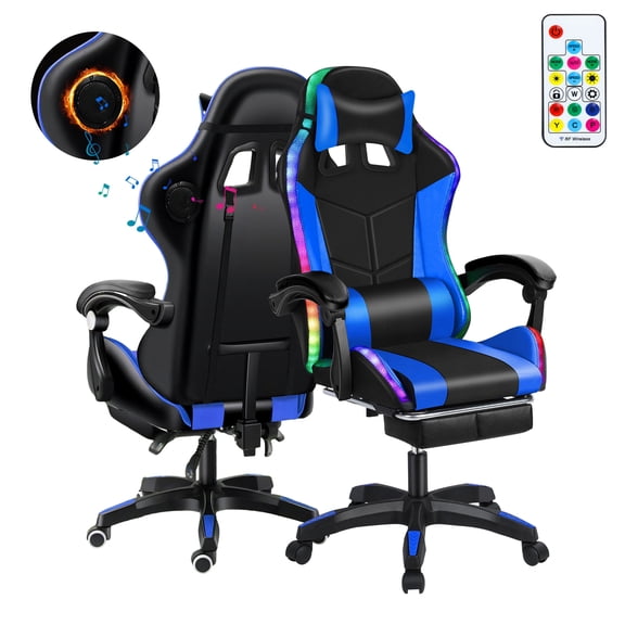 Meoldis Gaming Chair with Bluetooth Speakers & RGB LED Lights, Massage Ergonomic Gamer Chair with Retractable Footrest, High Back Racing Style Office Chair