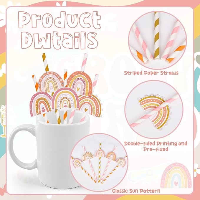 Serencatcher 50Pcs Boho Rainbow Paper Straws, Boho Rainbow Baby Shower Decorations with Colorful Double-sided Printing Striped Decorative Straw for Girls Retro Groovy Rainbow Birthday Party favors