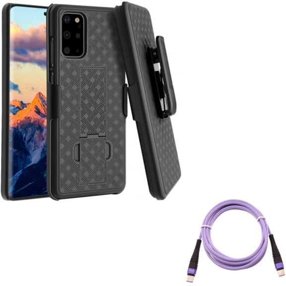 Case Belt Clip w Purple 10ft PD Cable for Samsung Galaxy S20 Plus - Holster Swivel Cover Kickstand, Type-C to USB-C Fast Charger Cord Extra Long Power fits Samsung Galaxy S20 Plus
