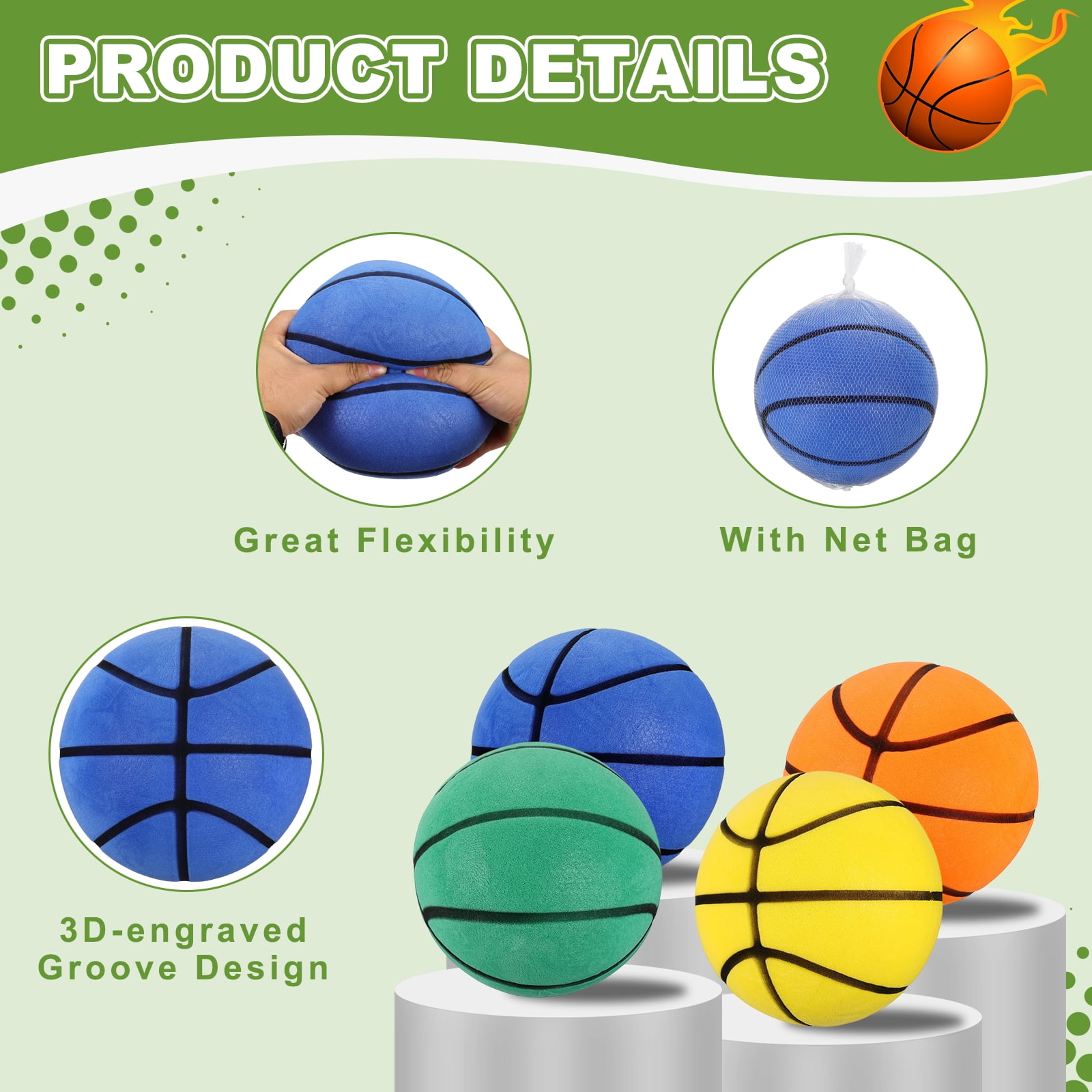 Uxcell Silent Basketball, Size 7 (9.4") Quiet Basketball High Density Foam No Noise 3D Sculpted Groove Bouncing Ball with Net Bag & Blue - Fit for (Indoor Training/Dribbling Practice)