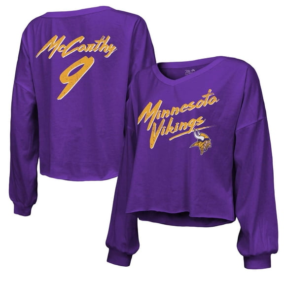 Women's Majestic Threads J.J. McCarthy Purple Minnesota Vikings Name & Number Off-Shoulder Script Cropped Long Sleeve