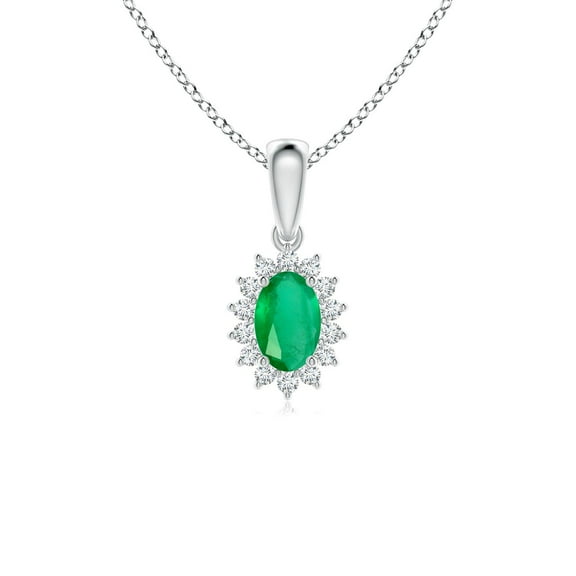 ANGARA Natural Oval Emerald Pendant with Floral Diamond Halo in 14K White Gold for Women (Size-6x4mm) | May Birthstone, Birthday, Anniversary, Jewelry Gift for Women | Natural Emerald Necklace