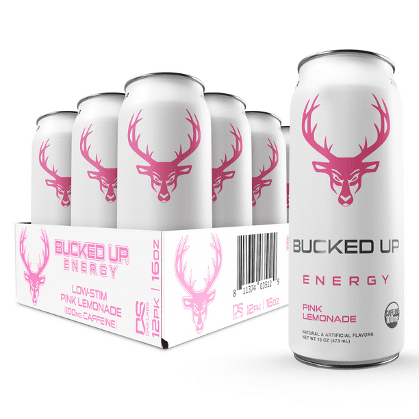 Bucked Up Energy Drink, Low Stim Pink Lemonade, 12 Cans, 16 fl oz, 100