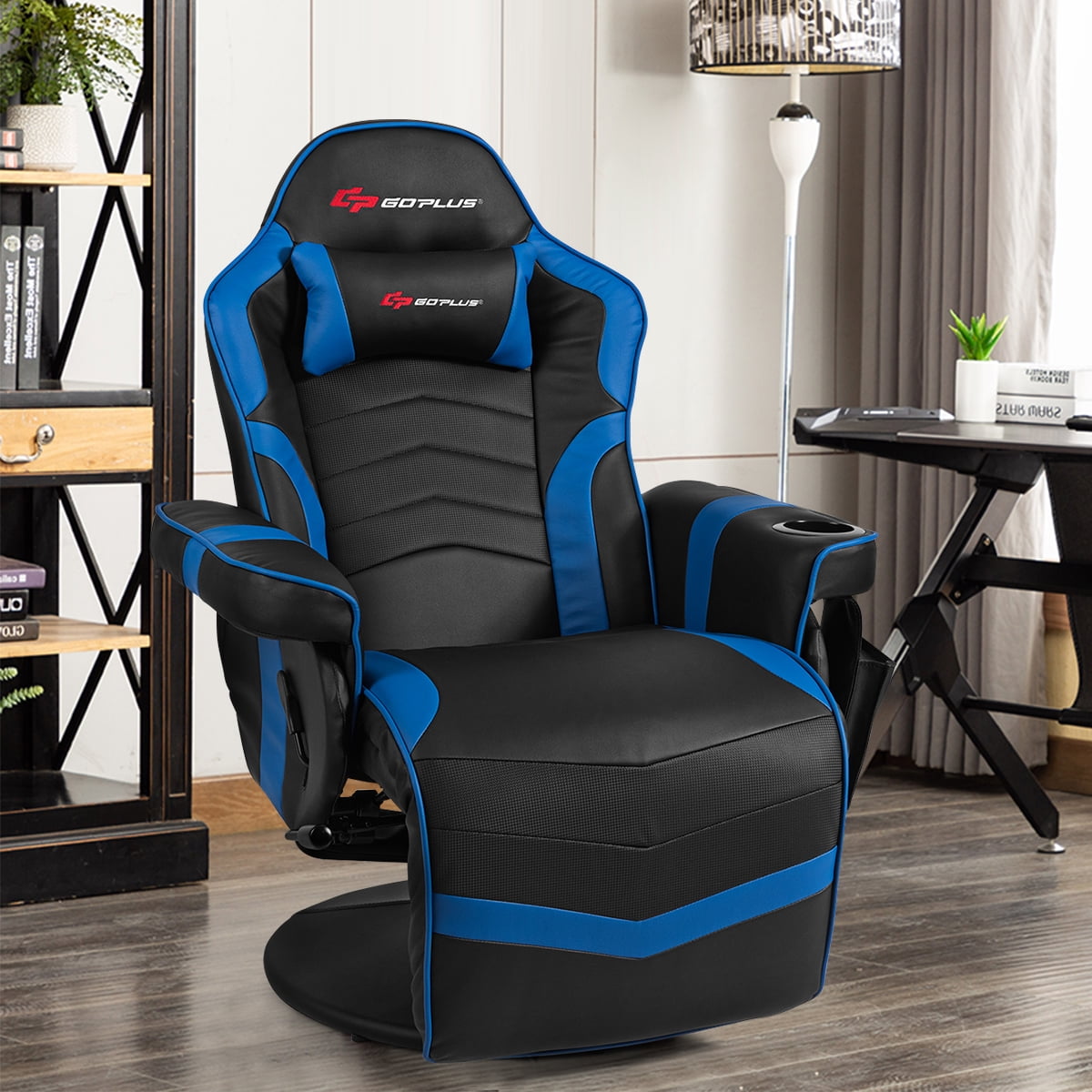 goplus massage gaming recliner reclining racing chair swivel blackgraybluered