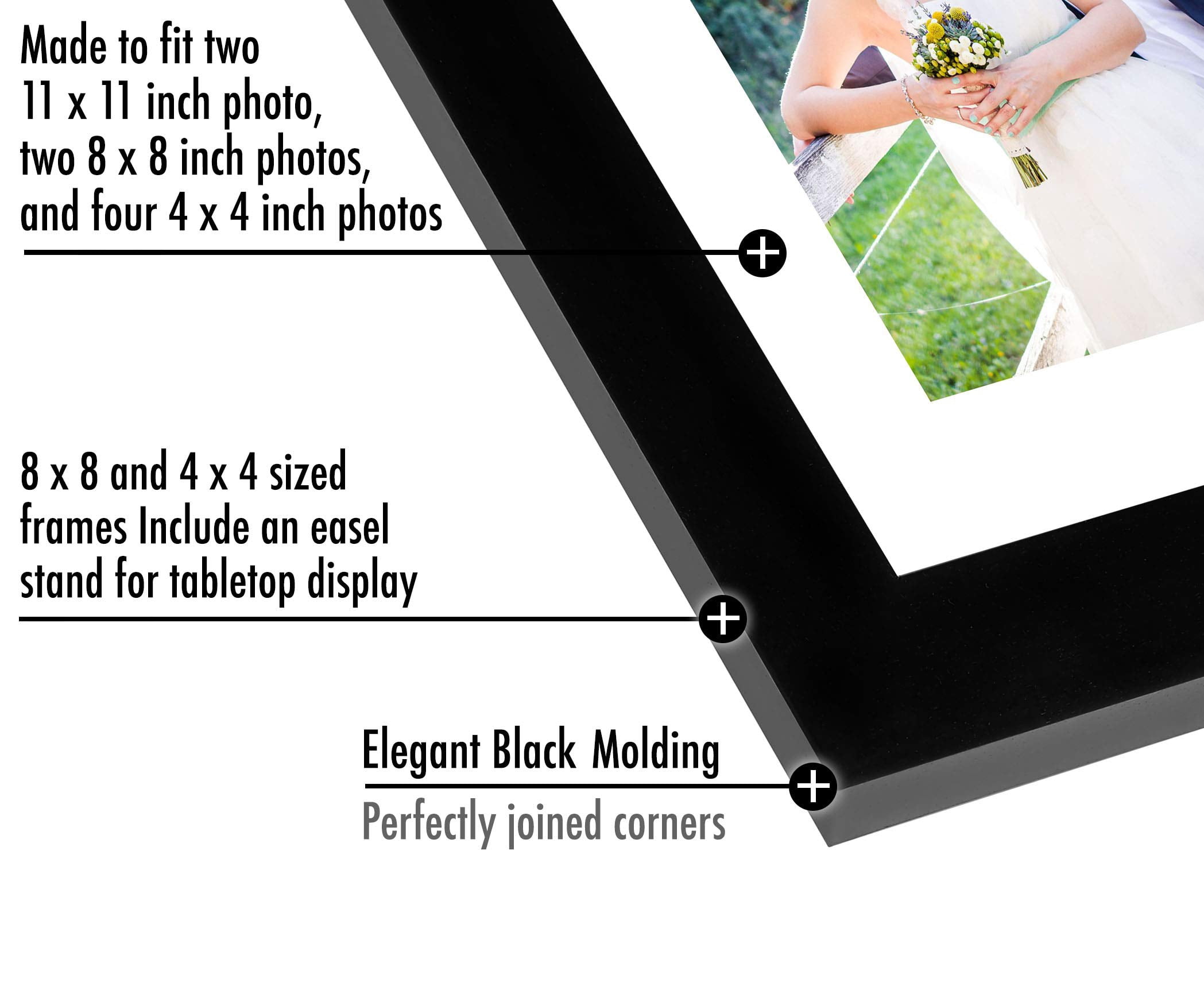 Americanflat Square Picture Frame Set in Black with Shatter Resistant Glass and Easel Stand - Various Dimensions - Pack of 8
