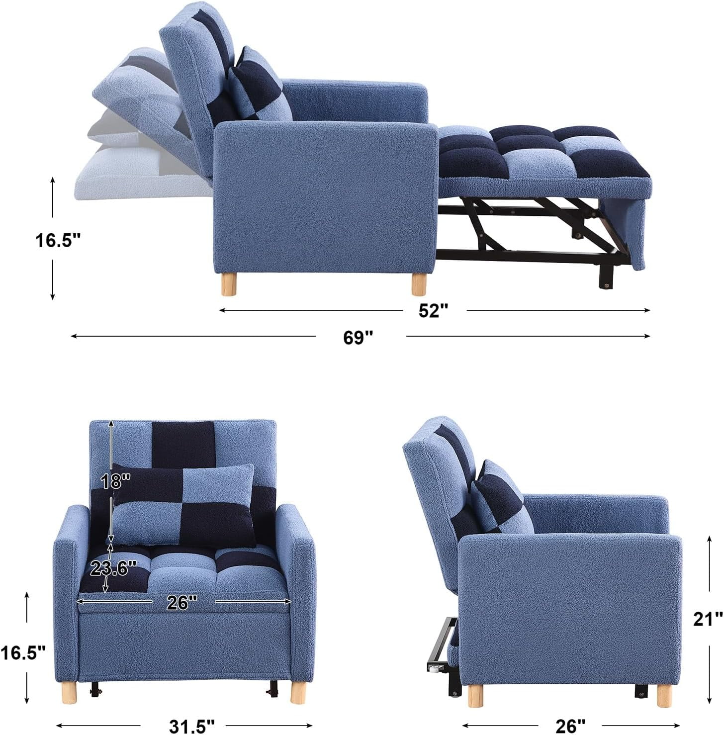3-in-1 Single Convertible Chair Bed, Plaid Pattern Convertible Sleeper Sofa  Chair Bed, Multi-Functional Pull Out Sleeper Chair Bed, Adjustable Single  Armchair Sofa Bed with Pillow, Blue 